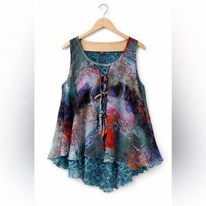 Feratelli Abstract Layered Tank Top XL Boho Lagenlook Sheer Lace Watercolor Art